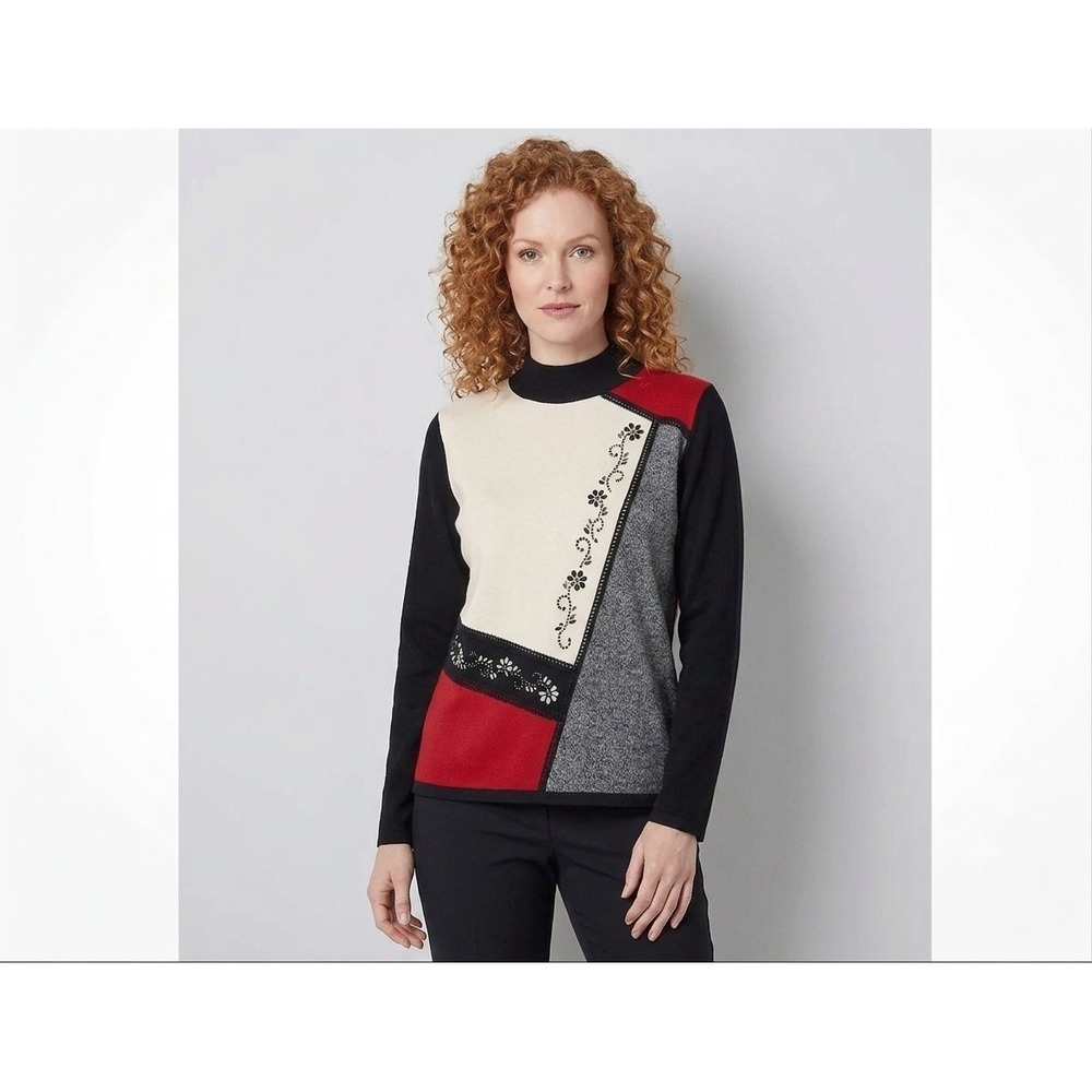 Alfred Dunner Sutton Place Colorblock Floral Mock Neck Sweater cottagecore Small